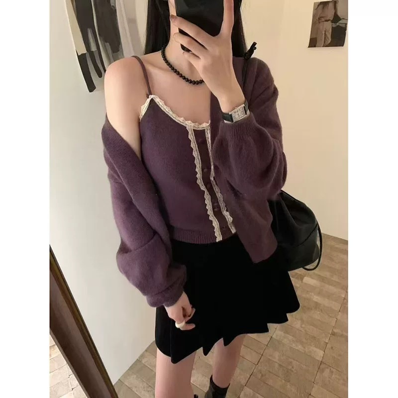 韩系百搭纯色长袖毛衣开衫女秋冬季新款叠穿蕾丝花边针织吊带套装|undefined