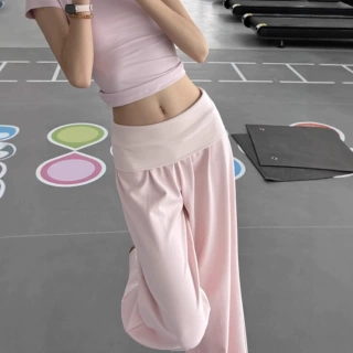 美式粉色翻腰阔腿裤女春秋夏季慵懒风垂感显瘦瑜伽健身糯米运动裤