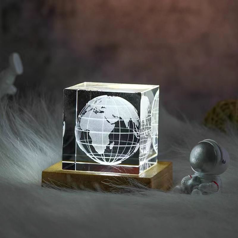 水晶球立方体摆件生日礼物银河星空方体小夜灯木质发光底座情人节 - 7