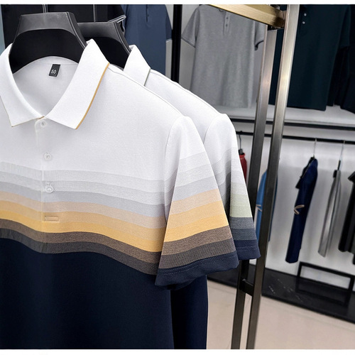 Summer Collared Cotton Striped Short-Sleeve Polo Shirt for Men Business Casual Thin T-Shirt Top