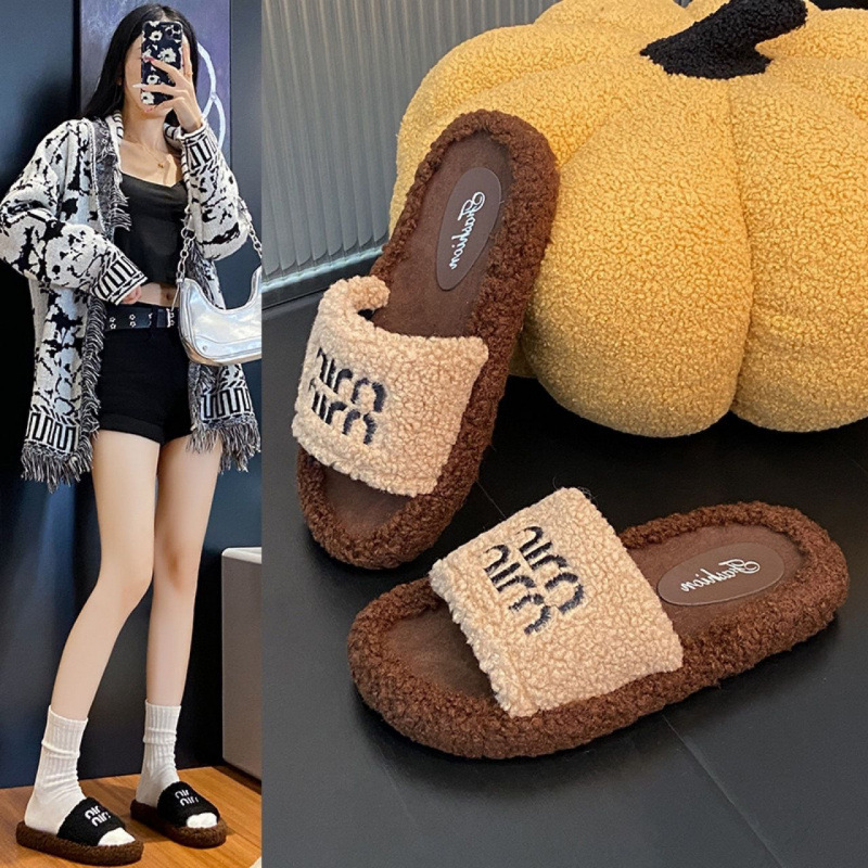 Zapatillas de lana de fondo grueso 2024 otoño y invierno nuevas zapatillas de moda versátiles de alto valor de cachemira casual en línea image 1