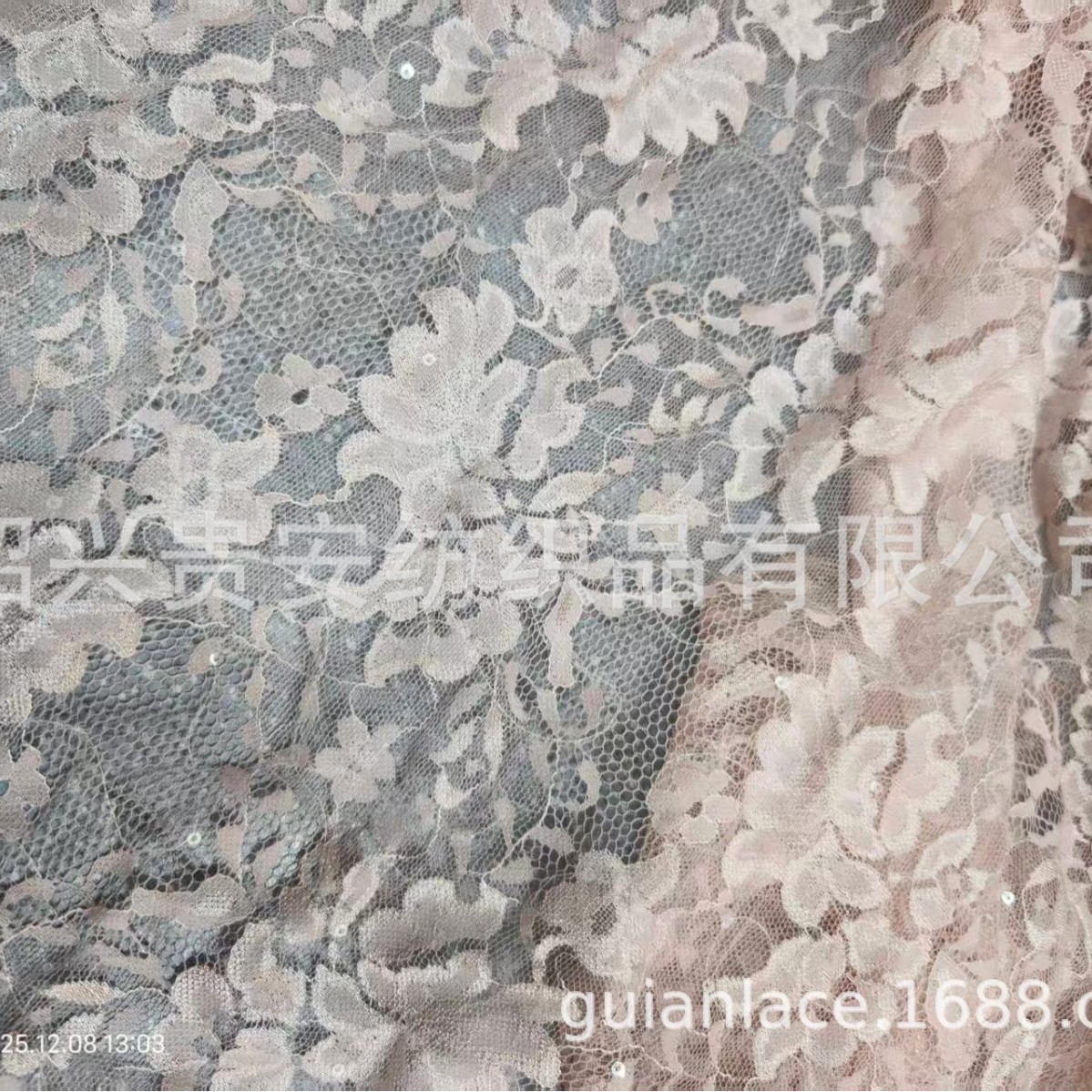 锦纶无弹蕾丝绣片透明片大花朵月牙边女装童装面料虾粉色浅灰色