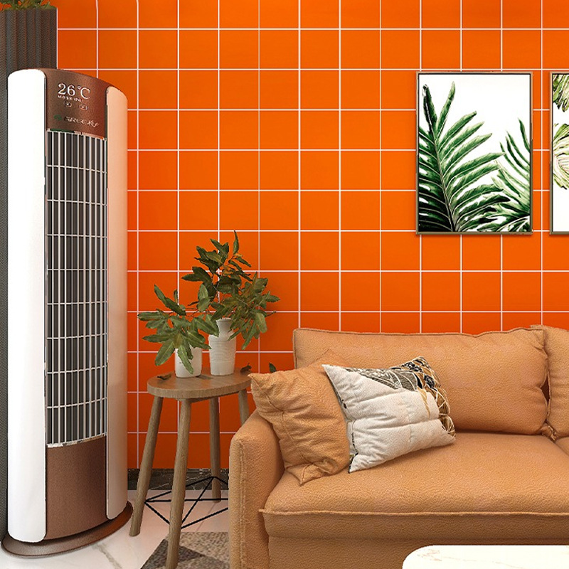 格子牆紙美式複古簡約風格臥室客廳床頭沙發背景橙色橘紅色壁紙