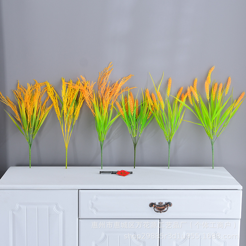Simulated 7-Pronged Rice Fake Flower Wheat Ear Dance Props Rice Indoor and Outdoor Engineering Plastic Flower Simulated Plant Decoration