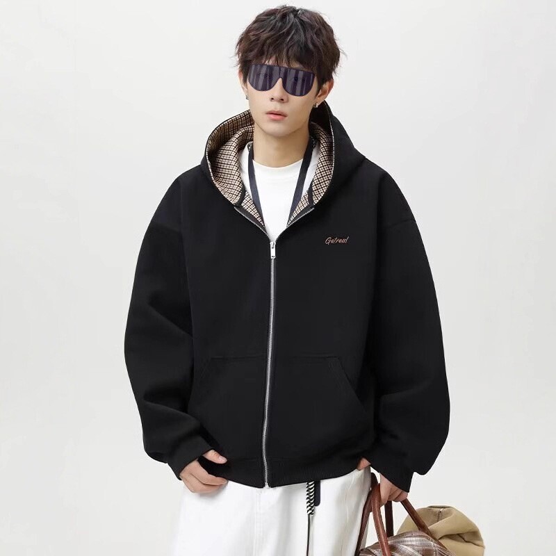 Plus Size American Solid Color Cardigan Sweatshirt for Men and Women, Air Layer Three-Dimensional Splicing, Loose Casual Versatile Spring and Autumn Hooded Plus Size American Solid Color Cardigan Sweatshirt for Men and Women, Air Layer Three-Dimensional Splicing, Loose Casual Versatile Spring and Autumn Hooded