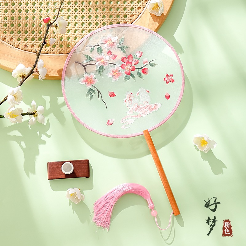 Fan de grupo bordado antiguo ventilador de baile chino estilo Han cheongsam doble cara Suzhou bordado ventilador redondo de danza infantil al por mayor