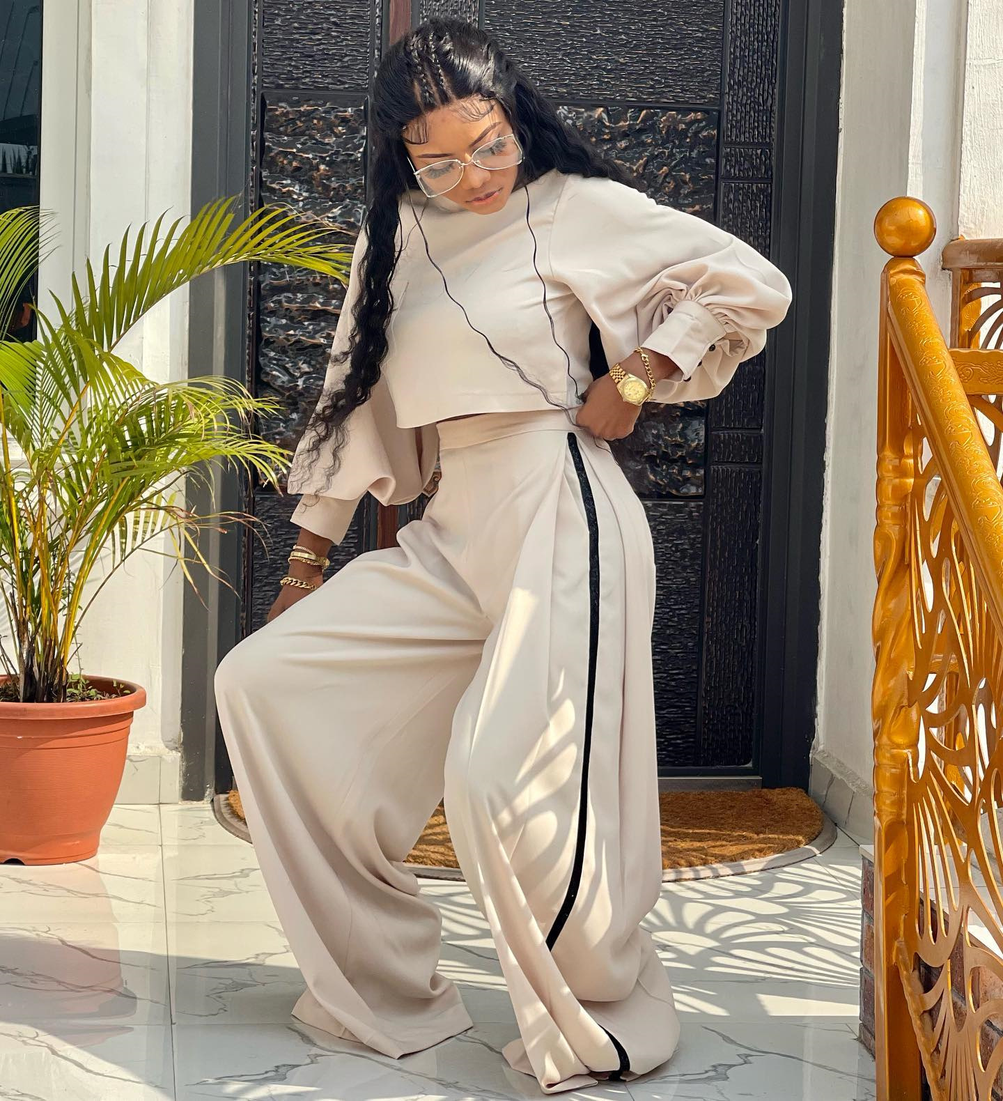 Women Clothing Spring Loose Mock Neck Long Sleeve Top Wide Leg Pants Casual Suit