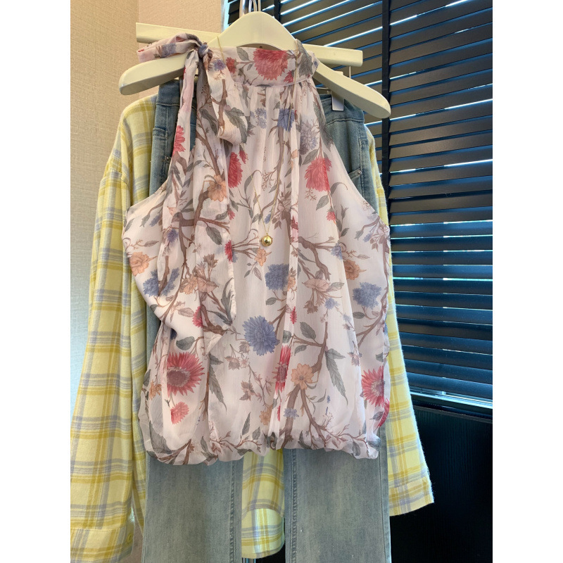 Real Shot~ French-Style Sweet Halter Neck Sleeveless Tank Top Shirt for Women, Super Pretty for Summer, Loose Fit with Bow Tie