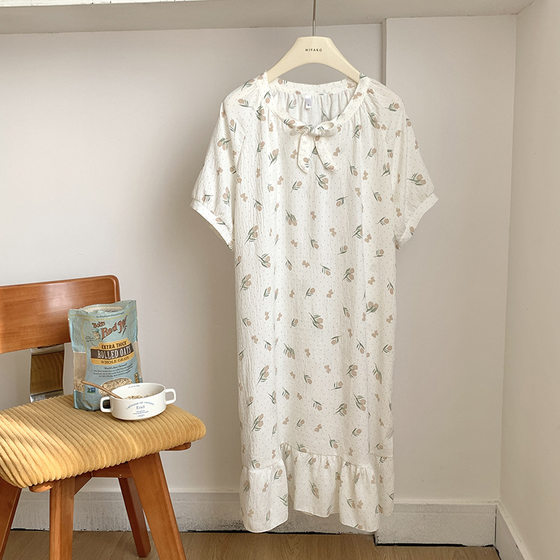 Cloud Cotton Nightgown Short-sleeved Knee-long New Style Skirt dress Loose Cute Nose Tether Bow