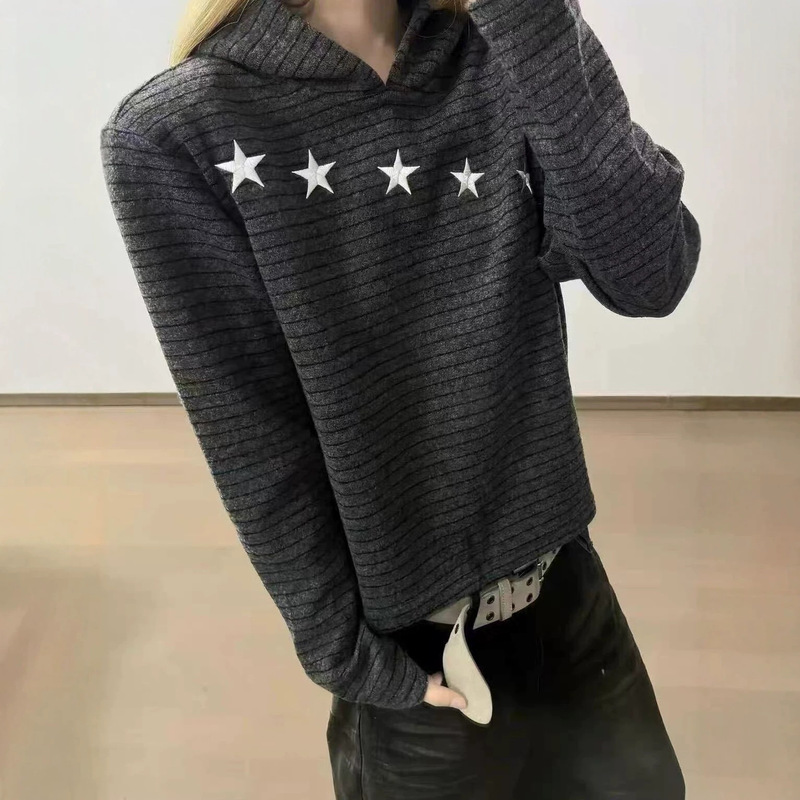 Street-style retro star and stripe hoodie, unisex, new spring/autumn collection, American high-street loose-fit outerwear Street-style retro star and stripe hoodie, unisex, new spring/autumn collection, American high-street loose-fit outerwear