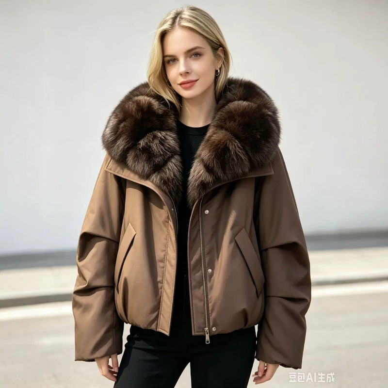 Women's short V-neck cotton jacket with a large faux fur collar, elastic hem, and available in multiple colors. Available for bulk purchase at offline outlets Women's short V-neck cotton jacket with a large faux fur collar, elastic hem, and available in multiple colors. Available for bulk purchase at offline outlets