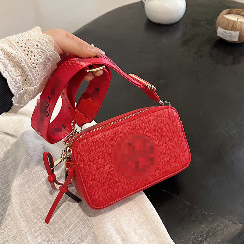 Tb New Foreign Trade Women's Bag Crossbody Bag Handbag with Lychee Pattern Wide Shoulder Strap Double Zipper Small Square Camera Bag Shoulder Bag