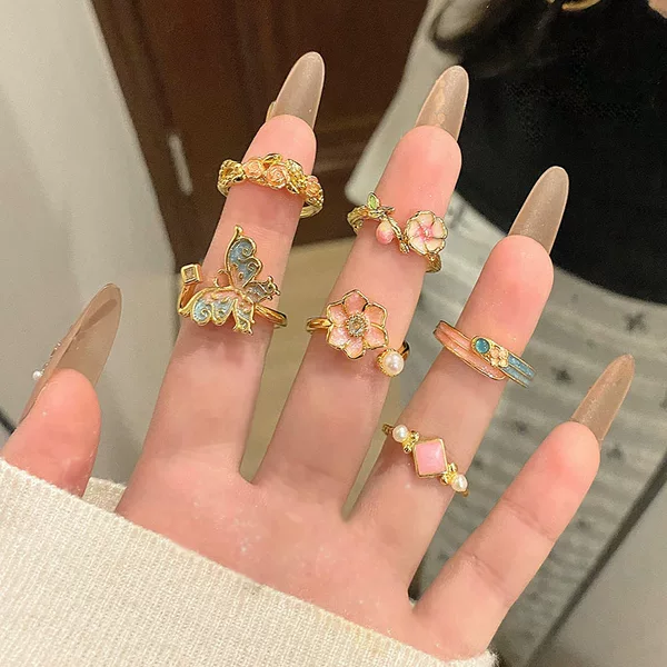 French retro enamel rose flower drop glaze open ring women's sweet cool gradient butterfly fashion all-match ring tide