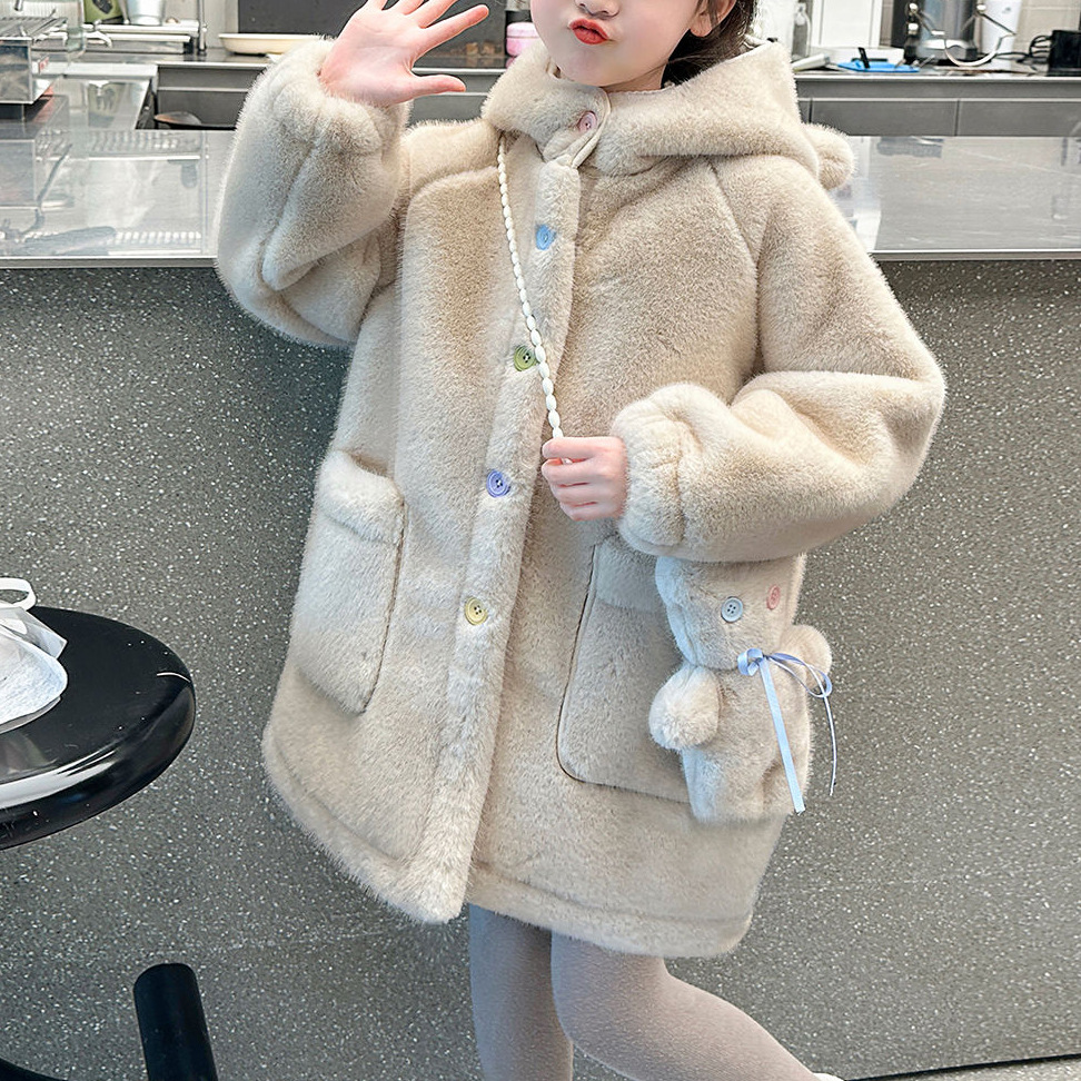 Girls' Fleece-Lined Winter Coat New Children's Clothing for Older Children Faux Fur Thickened Trendy Winter Sweater