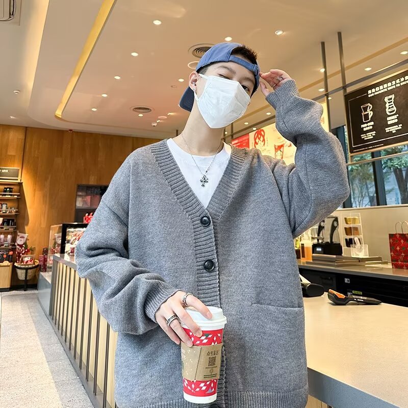 Knitted Cardigan Jacket Men's Autumn Lazy Style V-Neck Sweater oversize Korean Style Wear Loose Top