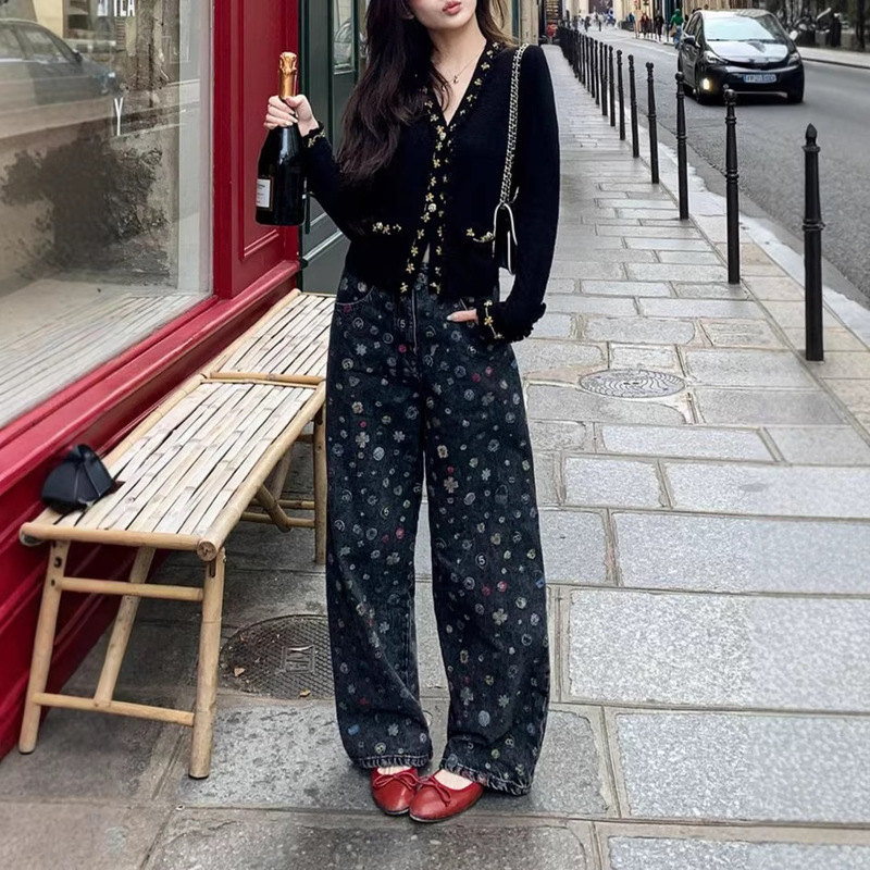 Black Chanel-Style Printed Wide-Leg Jeans for Early Spring Women, Vintage Washed Loose Casual Pants Black Chanel-Style Printed Wide-Leg Jeans for Early Spring Women, Vintage Washed Loose Casual Pants