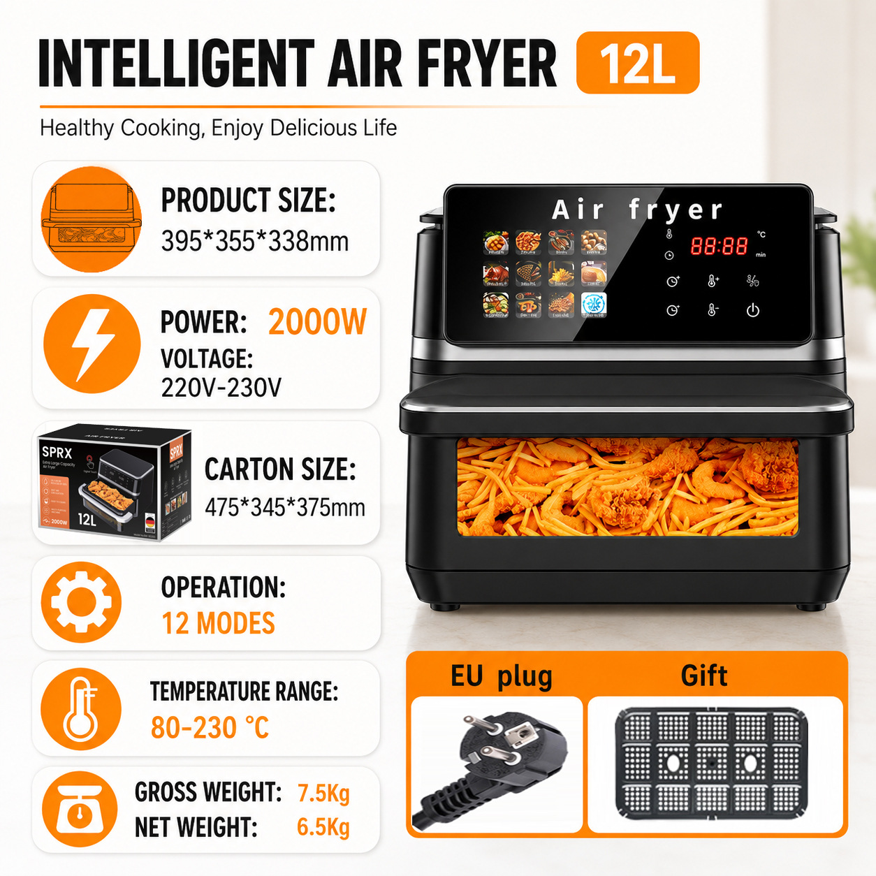 Friteuse à air à écran tactile en acier inoxydable 12L avec puissance élevée de 2000W et circulation d'air chaud 3D (Prise EU)