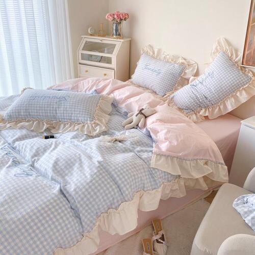 PK7J Princess Style Four-Piece Set Pure Cotton All-Cotton Winter Student Three-Piece Set Gingham Comforter Sheet Set Bedding