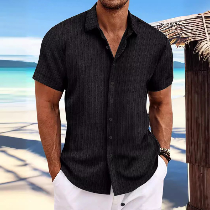 Cross-border Amazon AliExpress New Men's Linen Striped Jacquard Casual Loose Short-sleeved Shirt Comfortable