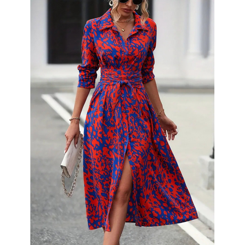2026 European and American Cross-Border Foreign Trade Women's All-Over Printed Buttoned Long-Sleeve Waist-Cinching A-Line Dress Independent Site Tiktok 2026 European and American Cross-Border Foreign Trade Women's All-Over Printed Buttoned Long-Sleeve Waist-Cinching A-Line Dress Independent Site Tiktok