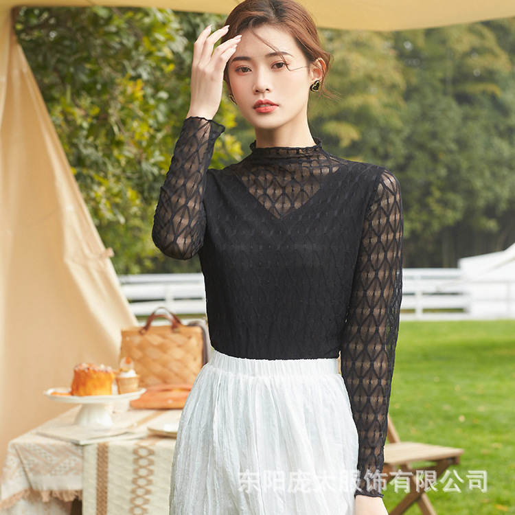 2024 New Autumn and Winter Korean Style Slim Fit Inner and Outer Mesh Sexy High Elastic Women's Round Neck Bottoming Shirt Wholesale 2024 New Autumn and Winter Korean Style Slim Fit Inner and Outer Mesh Sexy High Elastic Women's Round Neck Bottoming Shirt Wholesale