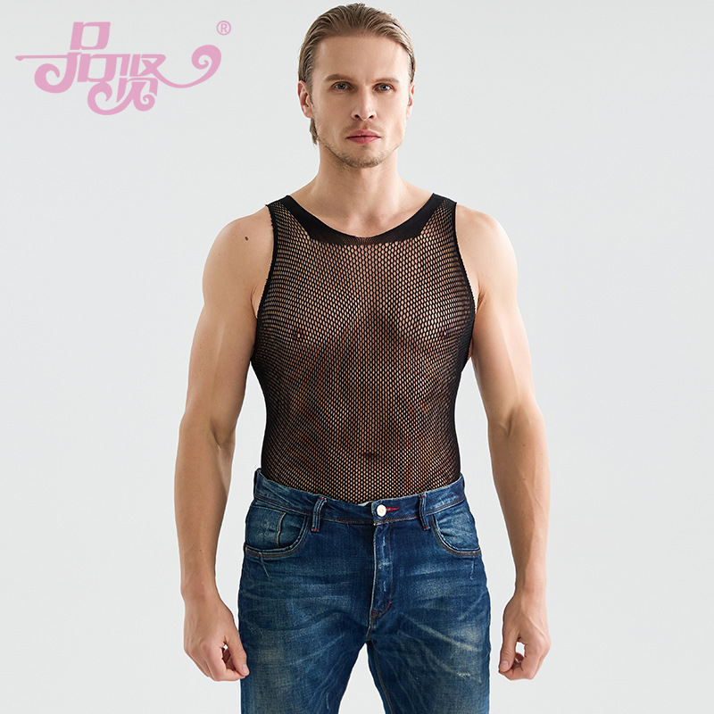 Pinxian Manufacturer Supplies Brave Person Men's Mesh Vest Strap Fishnet Clothing Sexy Intimates Ns1005