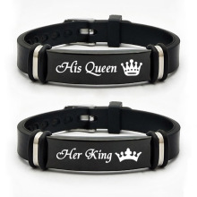 跨境外贸HIS QUEEN HER KING潮流时尚不锈钢硅胶情侣手链 可刻字