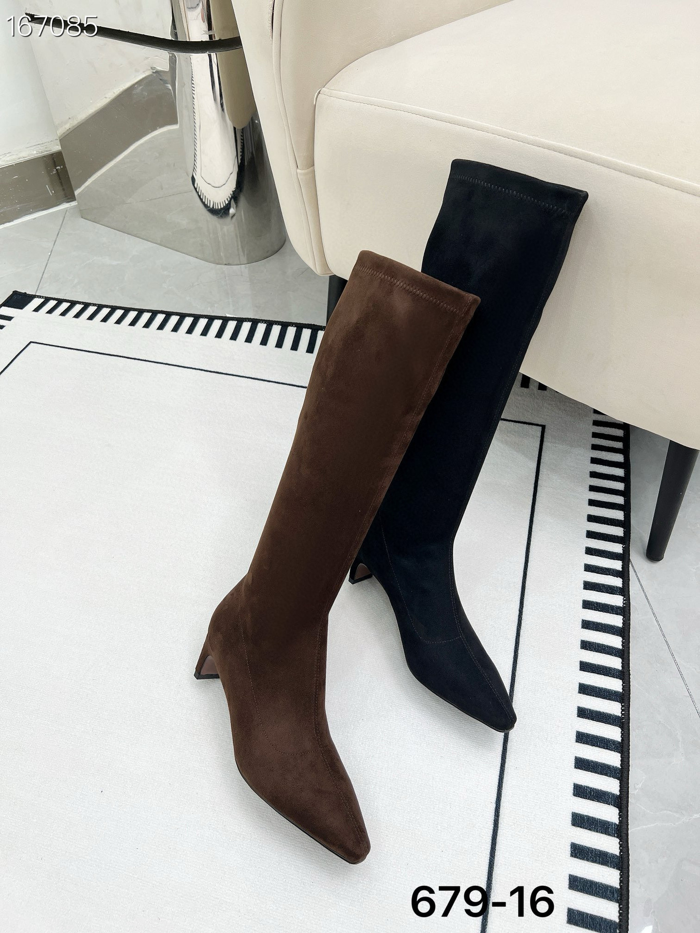 Boot nữ cổ cao ôm bắp chân da mờ mũi nhọn gót nhọn cao 2025 — Màu đen, Màu cà phê chi tiết 7
