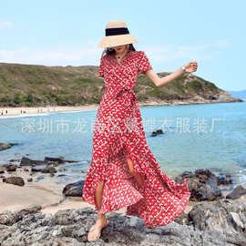 三亚旅行穿搭沙滩裙女红色碎花波西米亚一片式海边度假连衣裙夏季