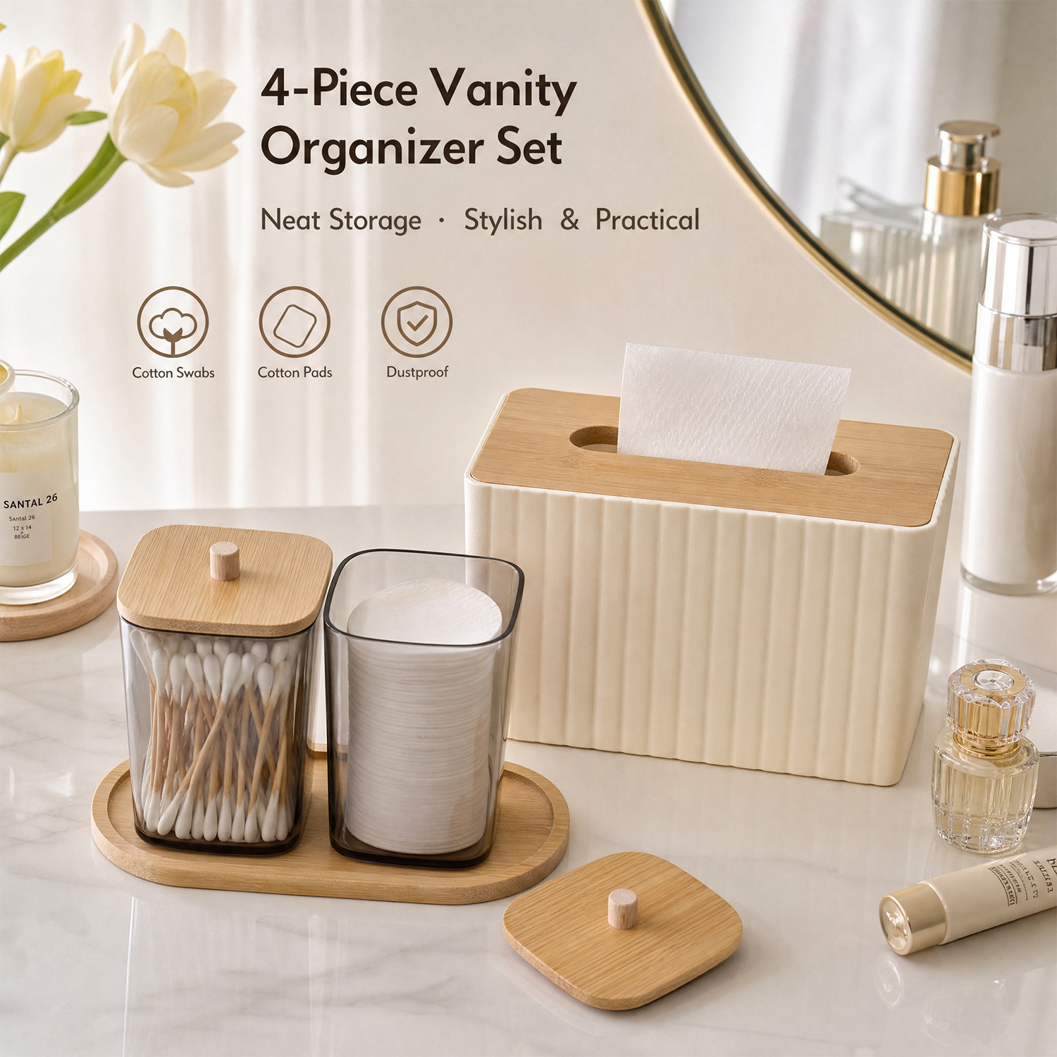 Bathroom toiletry set, cotton pad storage box, plastic cotton swab storage box, bamboo accessories, tissue box 4-piece set