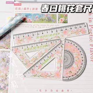 春日桃花尺子高颜值学生开学专用直尺套装全套简约加厚三角尺套尺