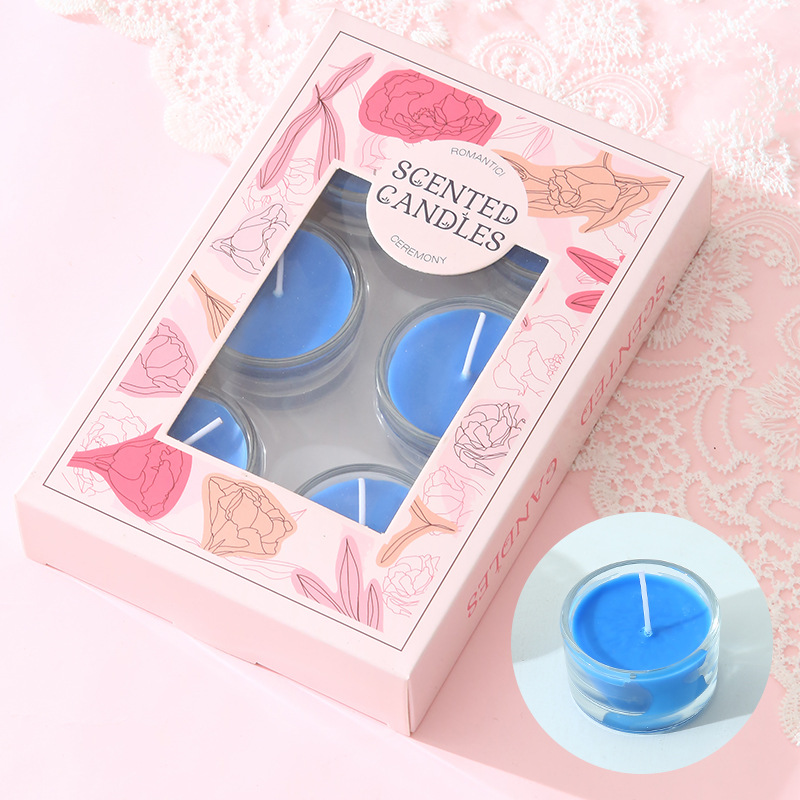 Vaso de vidrio de 8 horas pequeña vela de bananas redonda aceite esencial prueba de fragancia tipo vela sin humo vela vela de cena fábrica al por mayor