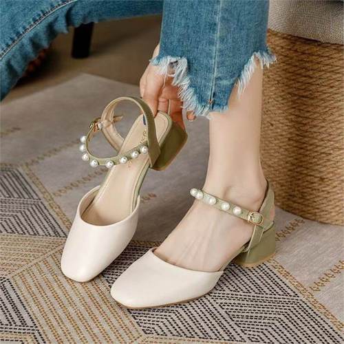 Strap-Heeled Sandals with Chunky Block Heels, Pointed Toe Design, Pearl-Trimmed Roman Style for Women—2025 Collection, Delicate Mid-Calf Length