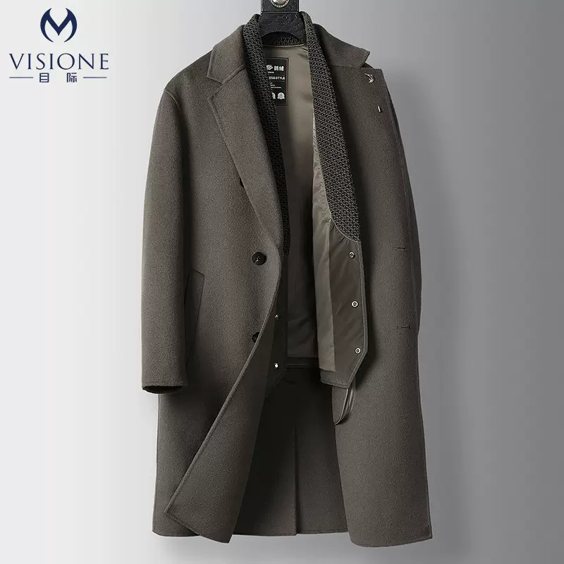 秋冬可拆卸鹅绒内胆中长款纯羊毛呢子外套风衣男士双面羊毛呢大衣