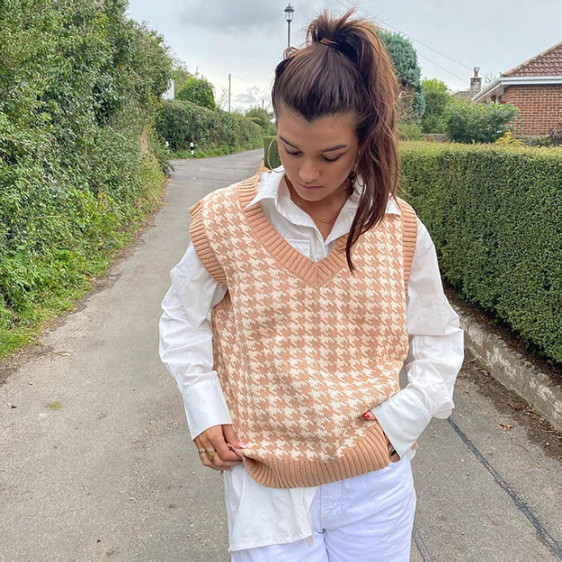 Cross-Border Pullover Vest Checkerboard Houndstooth Zebra Pattern Sweater Versatile Vest Women's Autumn and Winter New Knitted Bottoming Shirt Cross-Border Pullover Vest Checkerboard Houndstooth Zebra Pattern Sweater Versatile Vest Women's Autumn and Winter New Knitted Bottoming Shirt