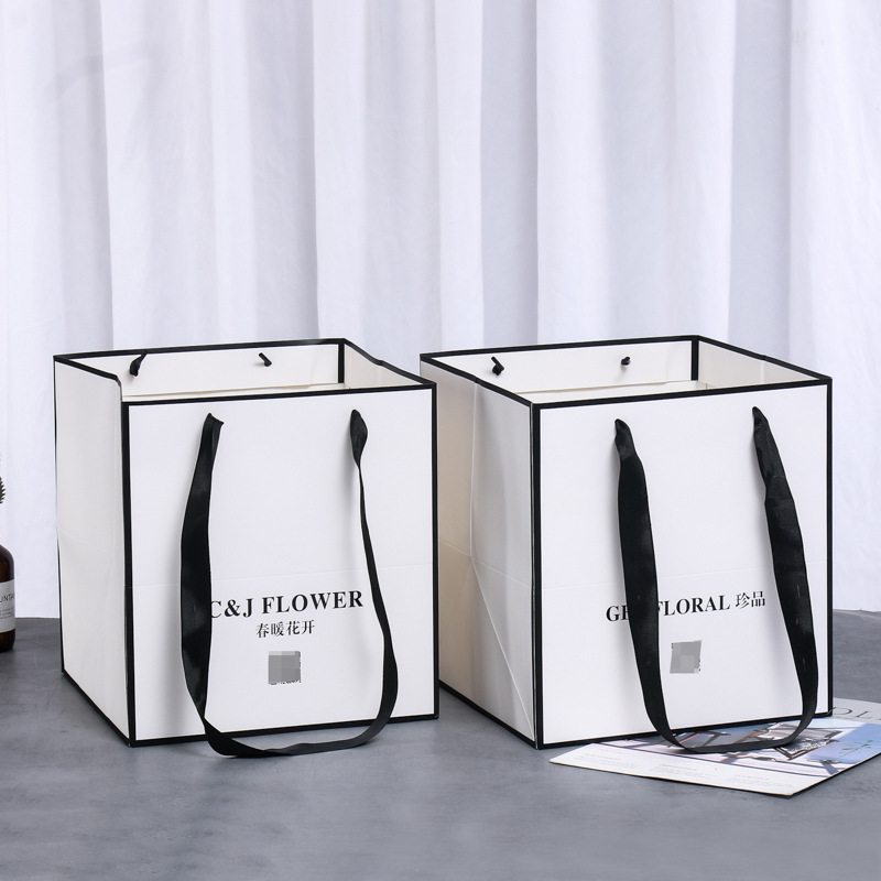 宽底包装袋创意鲜花花束手提抱抱袋ins风白卡印花伴手礼礼品袋