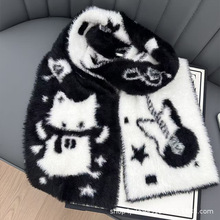 心碎吉他猫日系双色双面仿貂绒女秋冬氛围感百搭韩系围巾保暖围脖