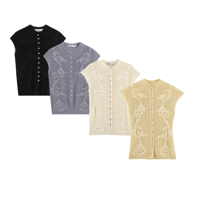 Pb&Za Hot-Selling Item with Added Colors! Stunning French-Style Slim-Fit Hollow-Out Thin Knit Short-Sleeve Cardigan Top 2893030