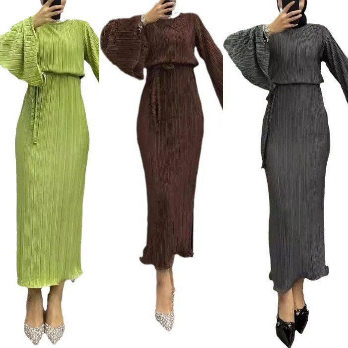 M2912 Amazon Women's Robe, Solid Color, Elegant Pleated Straight Long Fashion Dress