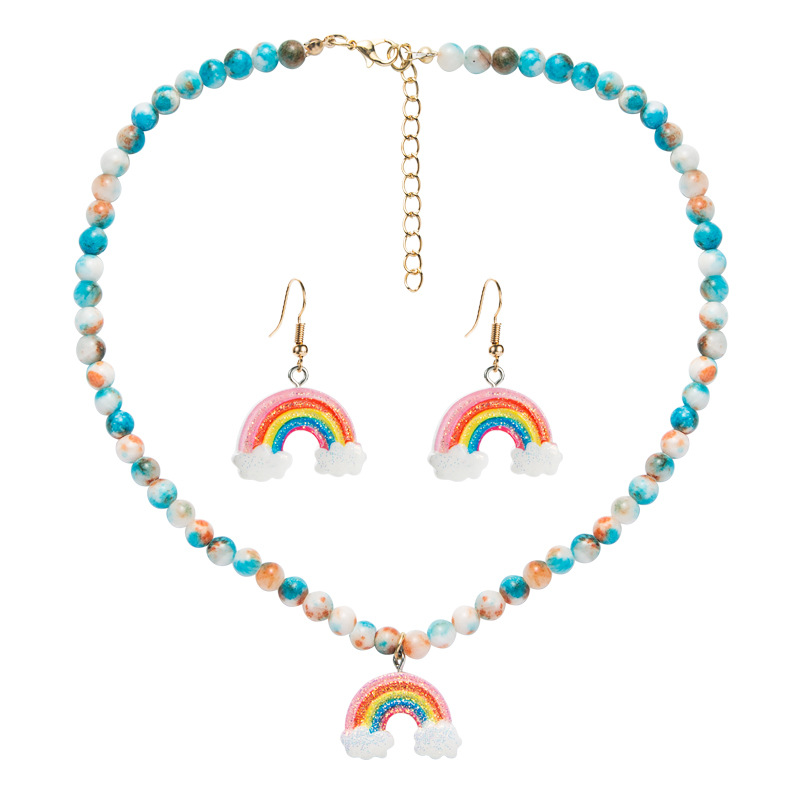 Blue Beads Imitation Jade Bohemian Necklace Earrings Set Rainbow Jewelry display picture 6