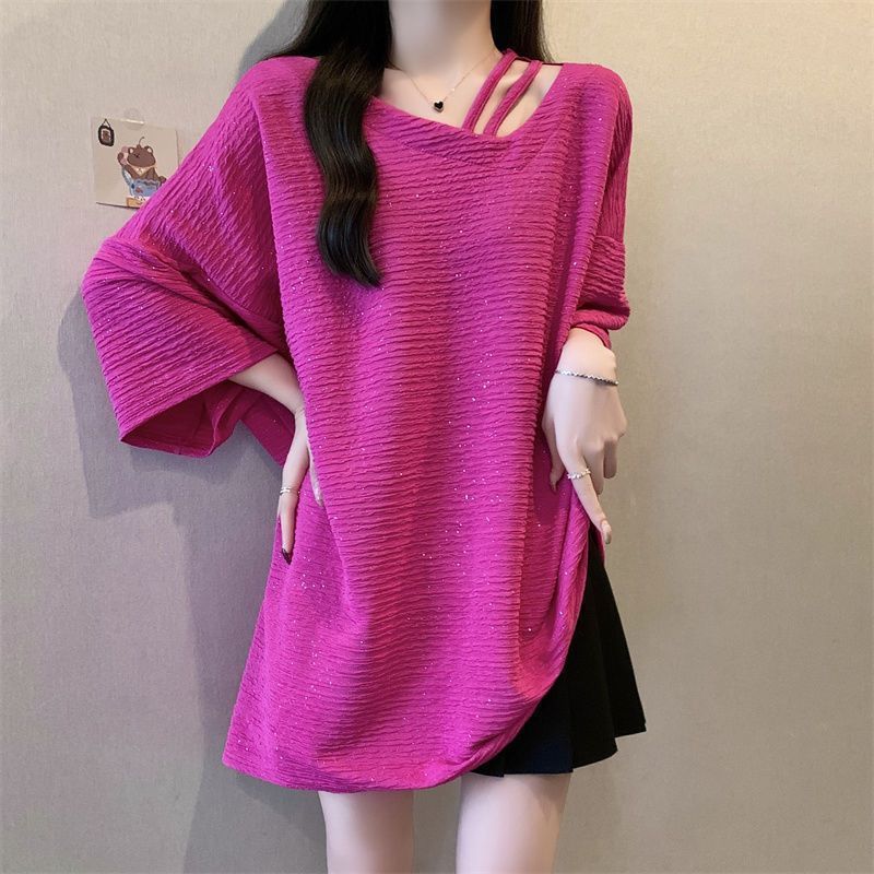 Camiseta de manga corta irregular de textura brillante de gran tamaño para mujer 2024 verano nuevo estilo suelto y delgado top de mm image 5