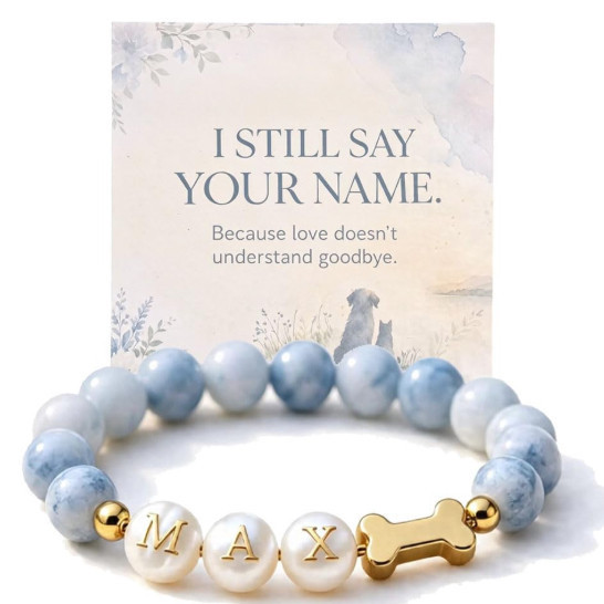 Handmade beaded bracelet with gold bones, pearls, letters, and blue chalcedony; elastic bracelet with blue chalcedony letters and bones Handmade beaded bracelet with gold bones, pearls, letters, and blue chalcedony; elastic bracelet with blue chalcedony letters and bones