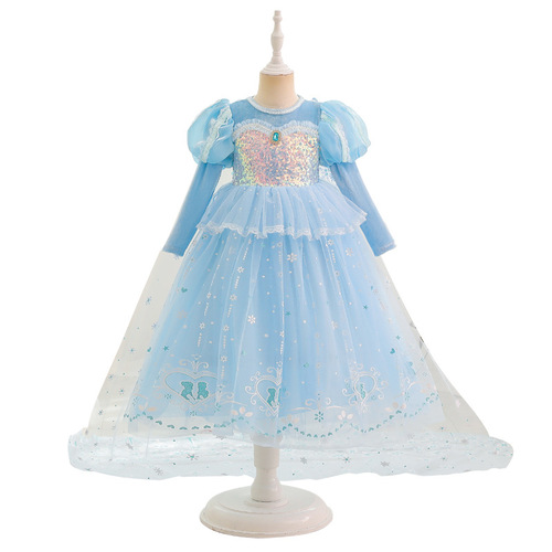 Princess Elsa Dress 2024 Girls Spring and Autumn Cinderella Fleece Formal Dress Children's Spring Outfit Elsa Dress