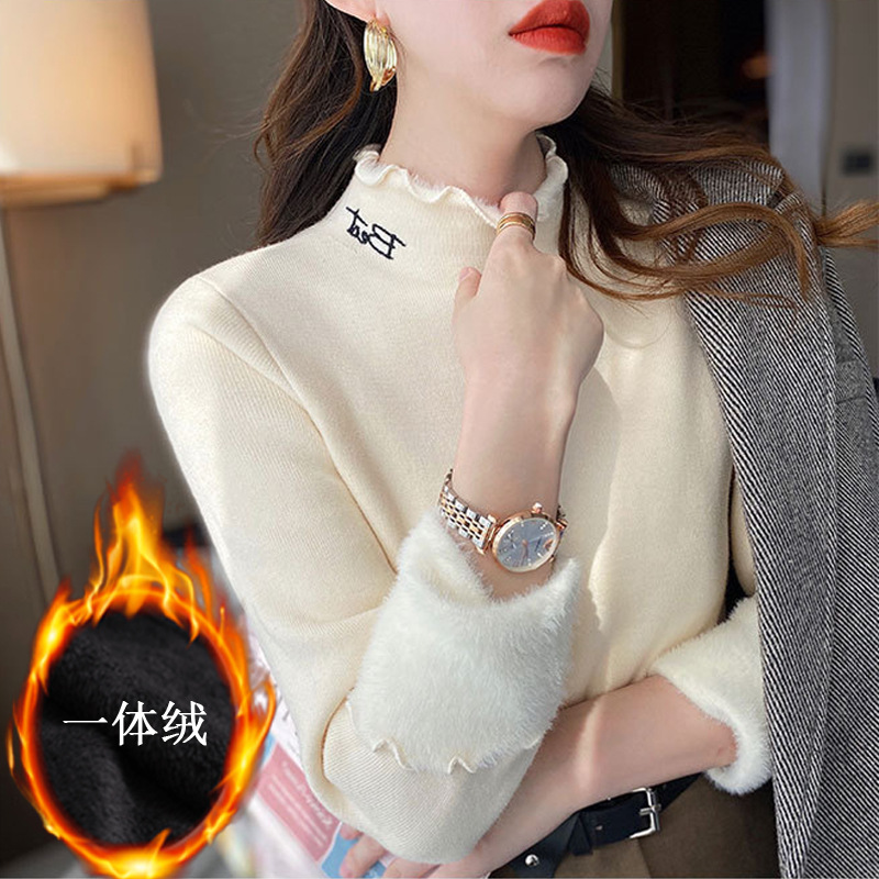 水貂绒毛衣女加绒加厚秋冬木耳边半高领一体绒针织衫内搭打底上衣|ms