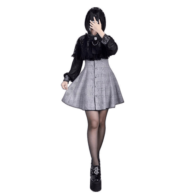 Japanese Sweet Girl Pure Desire Style Clear Shawl Lace Bow Chiffon Long-Sleeved Dress Aqua Black