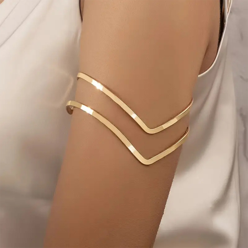 European and American Style Gold and Silver V-Shaped Double-Layer Hollow Arm Bracelet for Women, Simple and Fashionable Personalized Double-Layer Upper Arm Bracelet European and American Style Gold and Silver V-Shaped Double-Layer Hollow Arm Bracelet for Women, Simple and Fashionable Personalized Double-Layer Upper Arm Bracelet