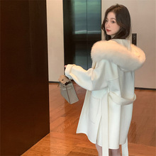 雪后25秋冬新款狐狸毛领连帽高级感双面羊绒大衣女中长款毛呢外套