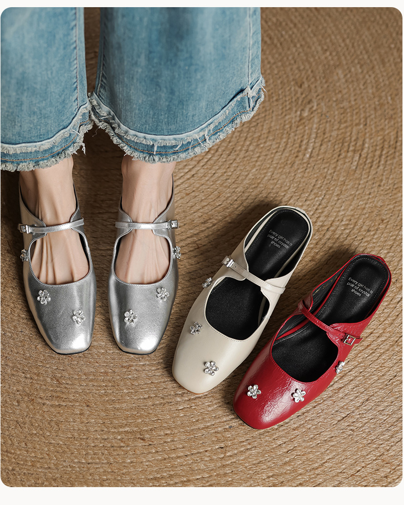 Sandal mule nữ gót thấp mũi kín đính đá pha lê màu rượu vang đỏ — Rượu vang đỏ chi tiết 6