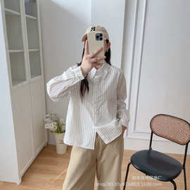 秋款100纯棉条纹长袖衬衫女简约通勤百搭宽松休闲翻领上衣9896-1