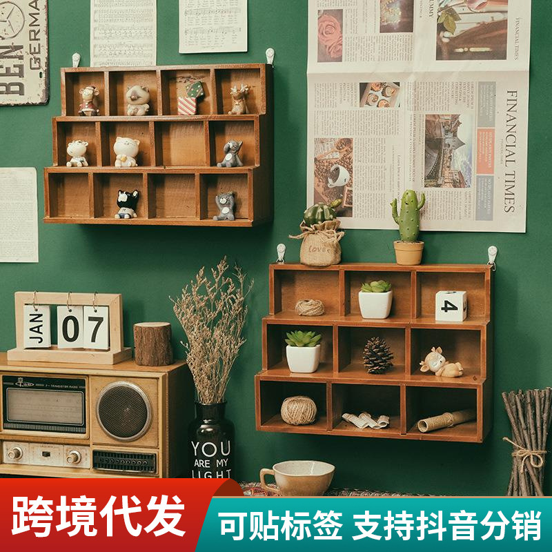 Zakka 오래 된 나무 데스크탑 스토리지 랙 사다리 12 그리드 9 그리드 벽걸이 디스플레이 캐비닛 잡화 보관함 마무리